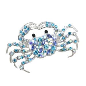Blue Crystal Crab Brooch Silver Tone Nautical Rhinestone Pin New